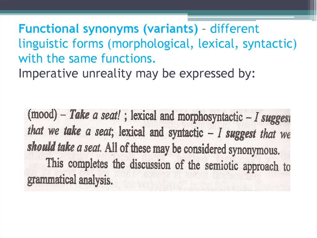 Functional synonyms (variants) – different linguistic forms (morphological, lexical, syntactic) with the same functions.