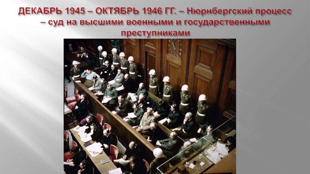 ДЕКАБРЬ 1945 – ОКТЯБРЬ 1946 ГГ. – Нюрнбергский процесс – суд на высшими военными и государственными преступниками