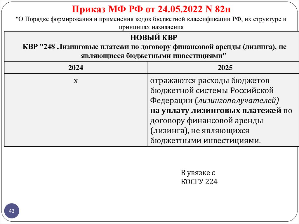 Приказ МФ РФ от 24.05.2022 N 82н "О Порядке формирования и применения кодов бюджетной классификации РФ, их структуре и