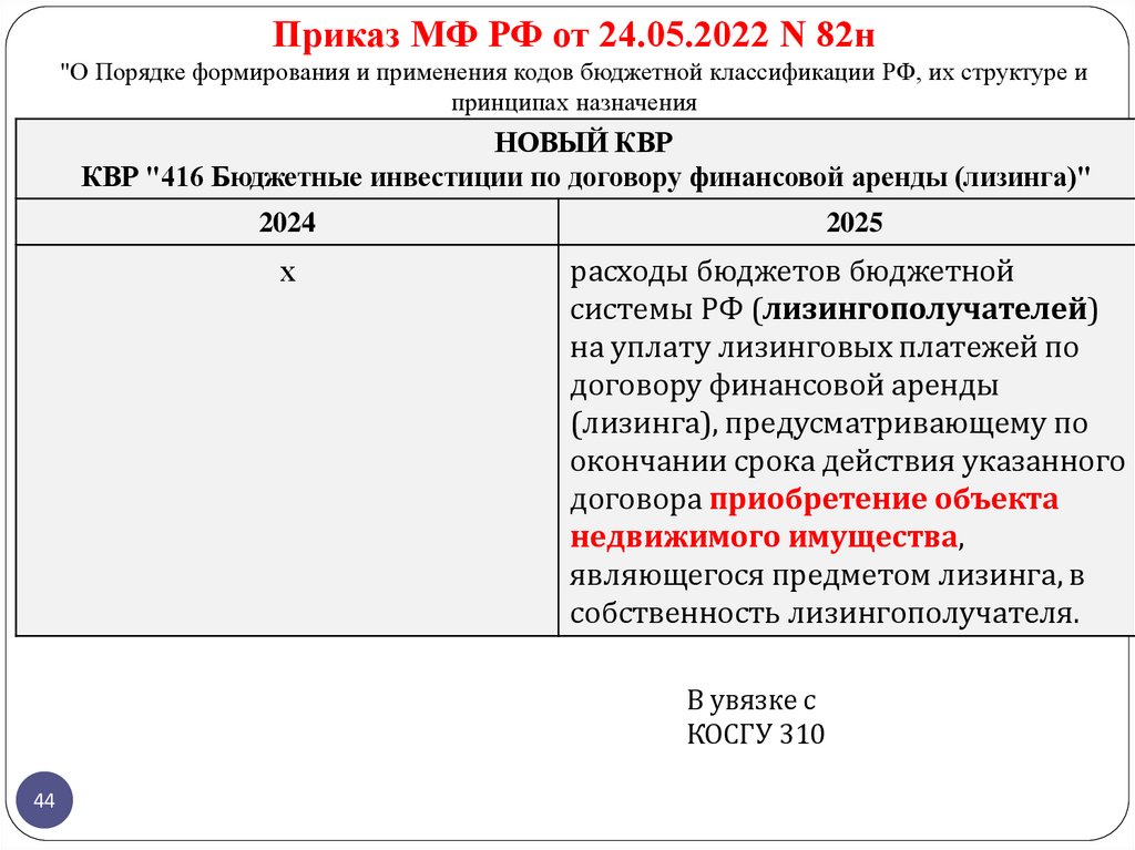 Приказ МФ РФ от 24.05.2022 N 82н "О Порядке формирования и применения кодов бюджетной классификации РФ, их структуре и