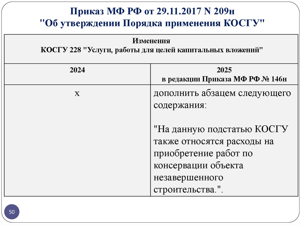 Приказ МФ РФ от 29.11.2017 N 209н "Об утверждении Порядка применения КОСГУ"