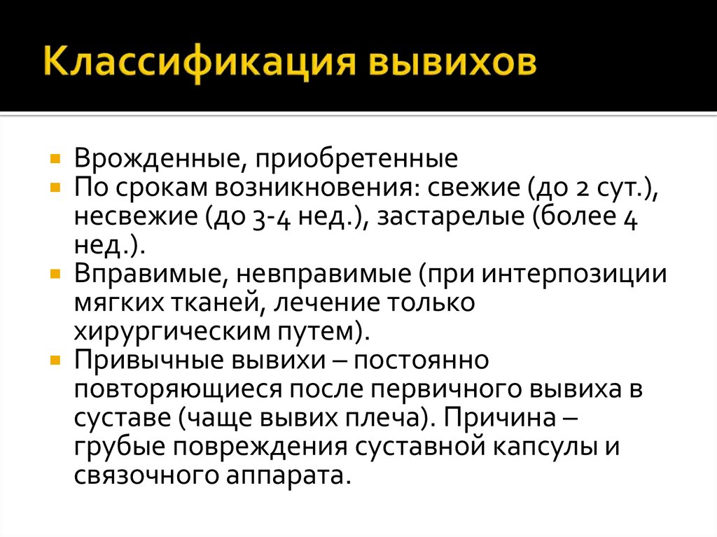 Классификация вывихов