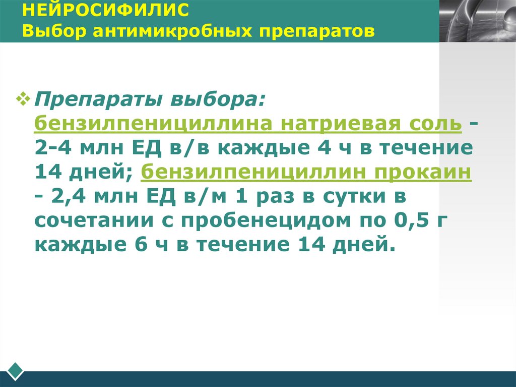 НЕЙРОСИФИЛИС Выбор антимикробных препаратов
