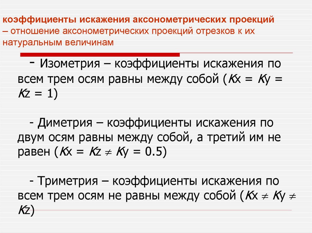 коэффициенты искажения аксонометрических проекций – отношение аксонометрических проекций отрезков к их натуральным величинам
