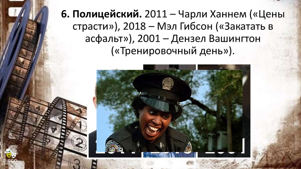 6. Полицейский. 2011 – Чарли Ханнем («Цены страсти»), 2018 – Мэл Гибсон («Закатать в асфальт»), 2001 – Дензел Вашингтон