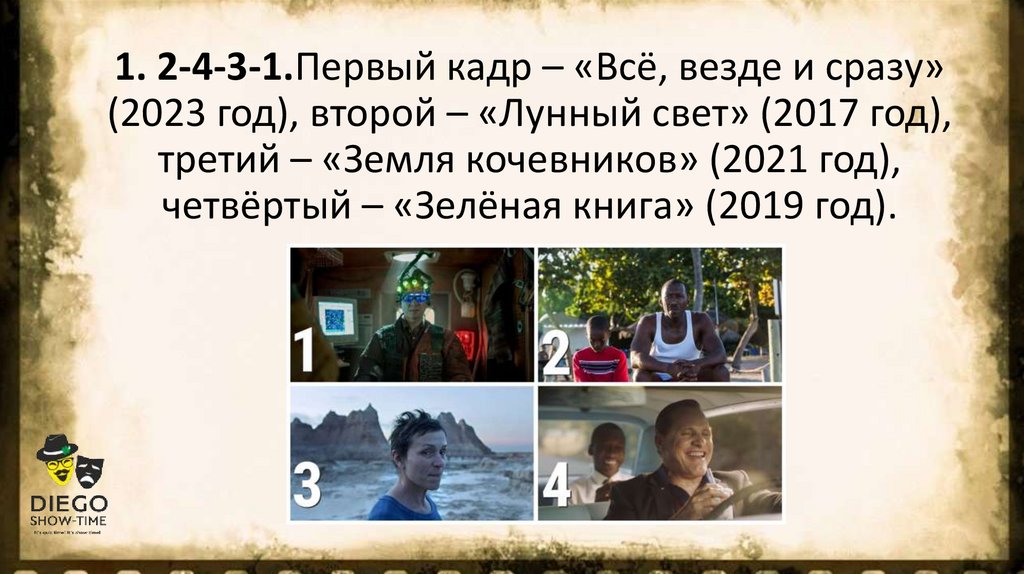 1. 2-4-3-1.Первый кадр – «Всё, везде и сразу» (2023 год), второй – «Лунный свет» (2017 год), третий – «Земля кочевников» (2021