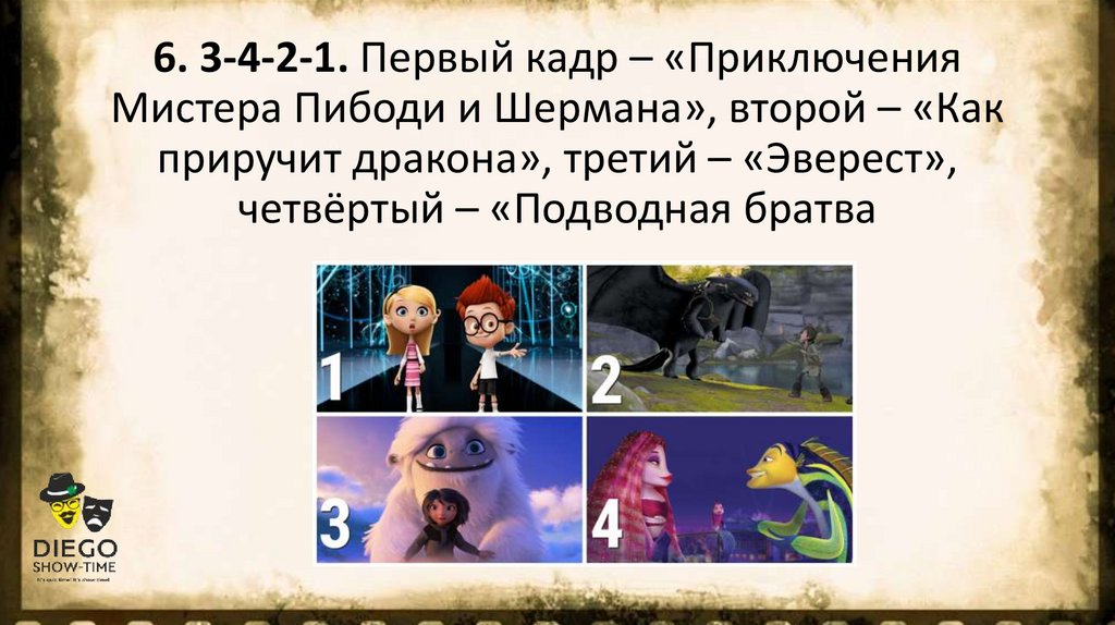 6. 3-4-2-1. Первый кадр – «Приключения Мистера Пибоди и Шермана», второй – «Как приручит дракона», третий – «Эверест»,
