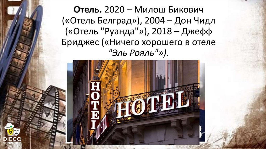 Отель. 2020 – Милош Бикович («Отель Белград»), 2004 – Дон Чидл («Отель "Руанда"»), 2018 – Джефф Бриджес («Ничего хорошего в