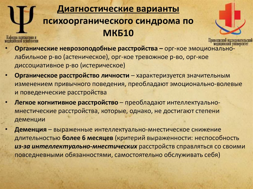 Диагностические варианты психоорганического синдрома по МКБ10