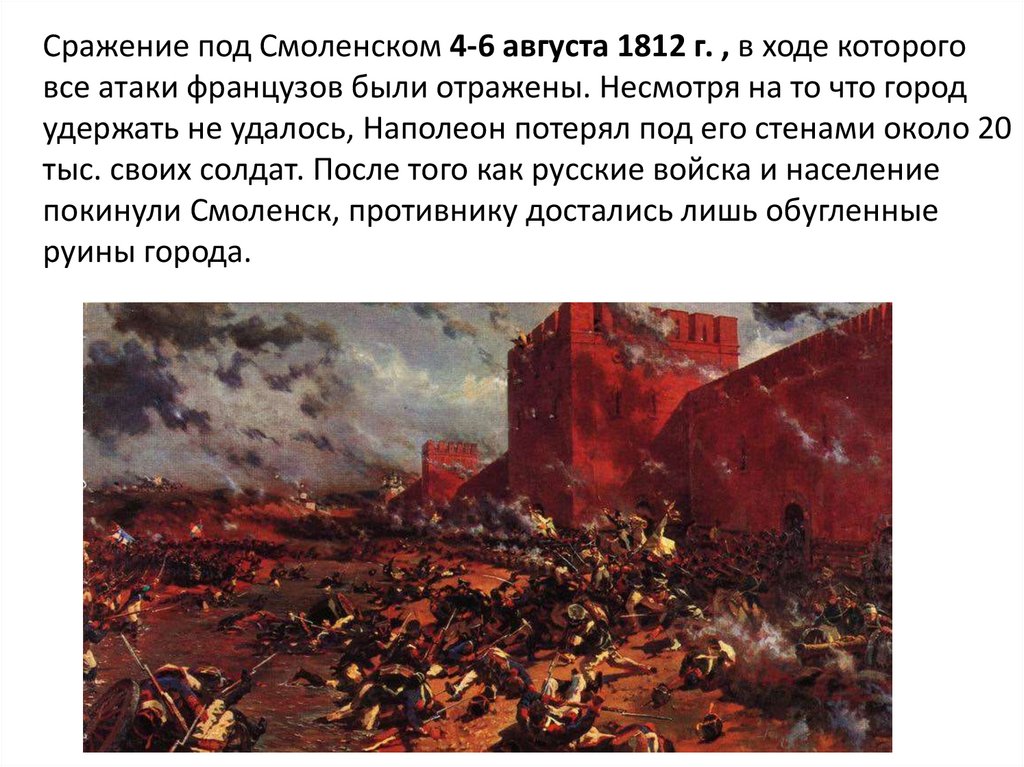 Сражение под Смоленском 4-6 августа 1812 г. , в ходе которого все атаки французов были отражены. Несмотря на то что город