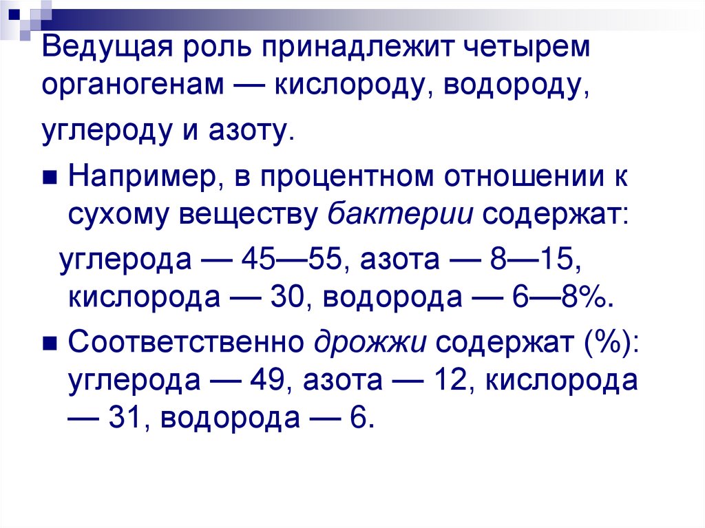 Ведущая роль принадлежит четырем органогенам — кислороду, водороду, углероду и азоту.