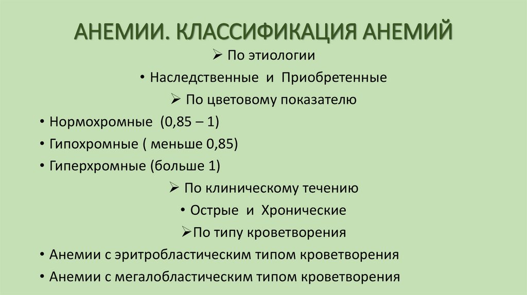 АНЕМИИ. КЛАССИФИКАЦИЯ АНЕМИЙ