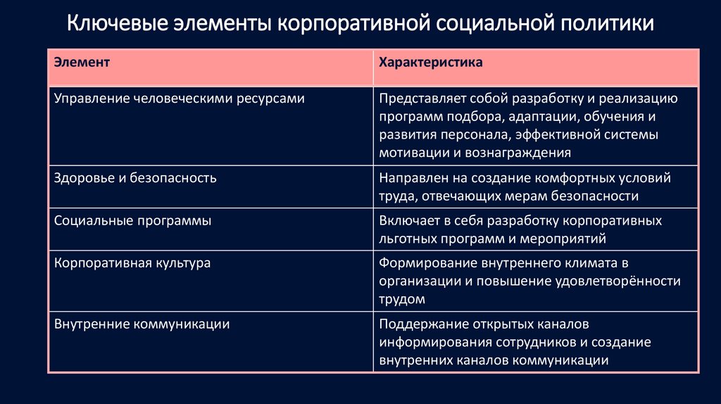 Ключевые элементы корпоративной социальной политики