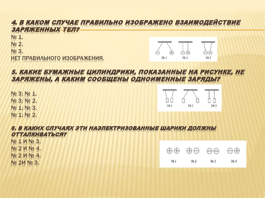 4. В каком случае правильно изображено взаимодействие заряженных тел? № 1. № 2. № 3. Нет правильного изображения. 5. Какие