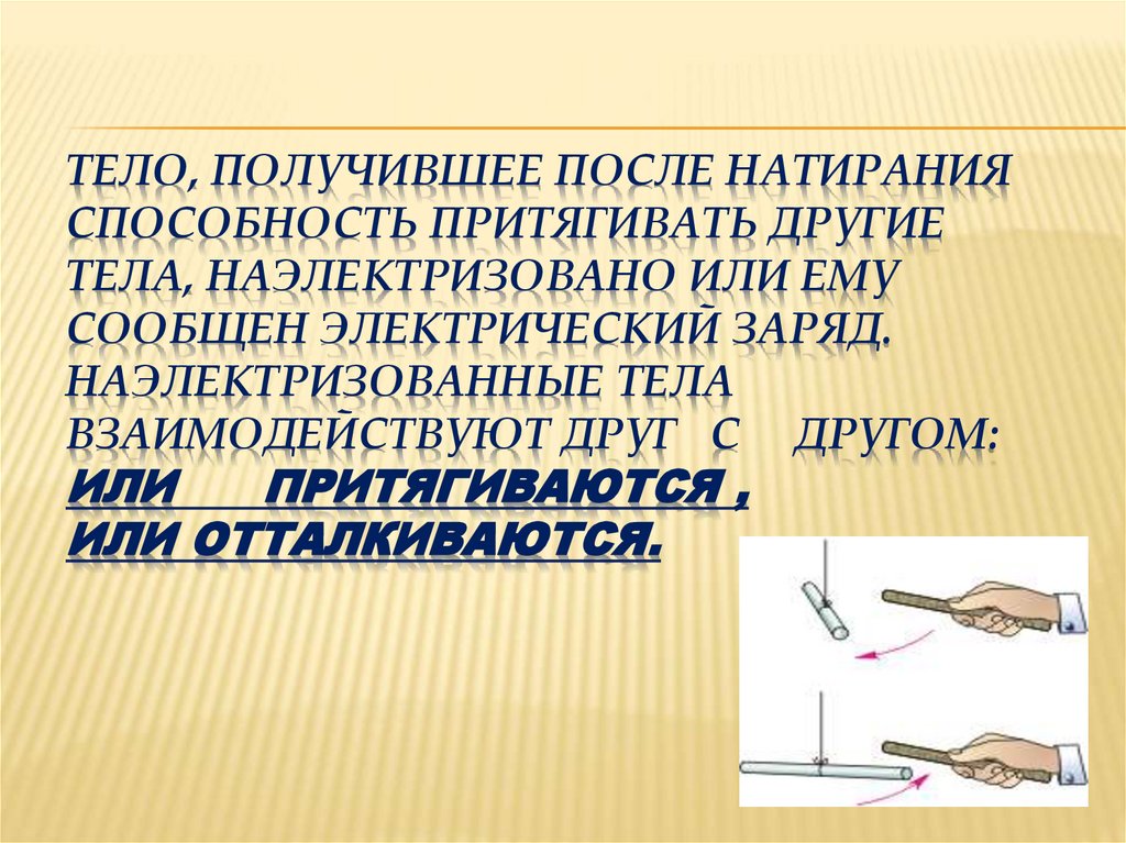 Тело, получившее после натирания способность притягивать другие тела, наэлектризовано или ему сообщен электрический заряд.