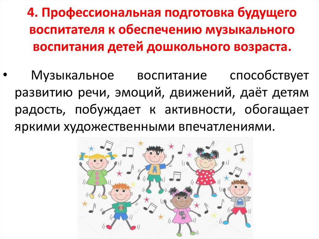4. Профессиональная подготовка будущего воспитателя к обеспечению музыкального воспитания детей дошкольного возраста.