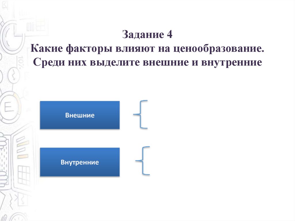 Задание 4 Какие факторы влияют на ценообразование. Среди них выделите внешние и внутренние