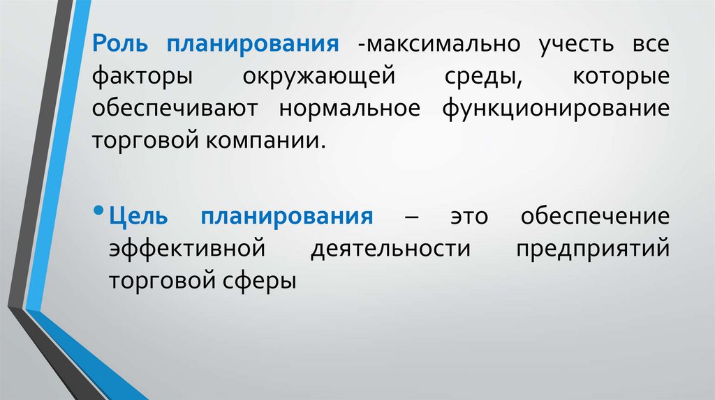 Роль планирования -максимально учесть все факторы окружающей среды, которые обеспечивают нормальное функционирование торговой