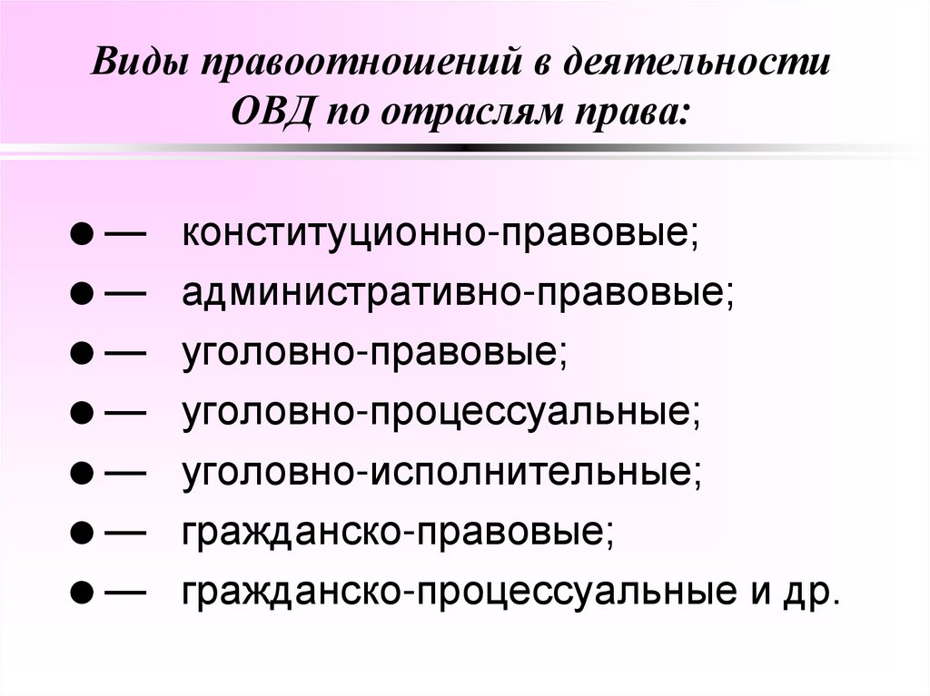 Виды правоотношений в деятельности ОВД по отраслям права: