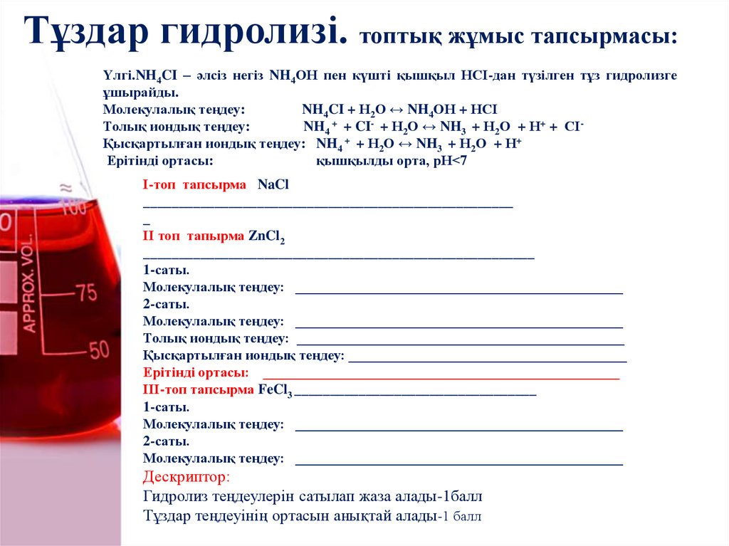 Тұздар гидролизі. топтық жұмыс тапсырмасы: