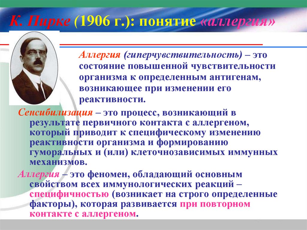 К. Пирке (1906 г.): понятие «аллергия»