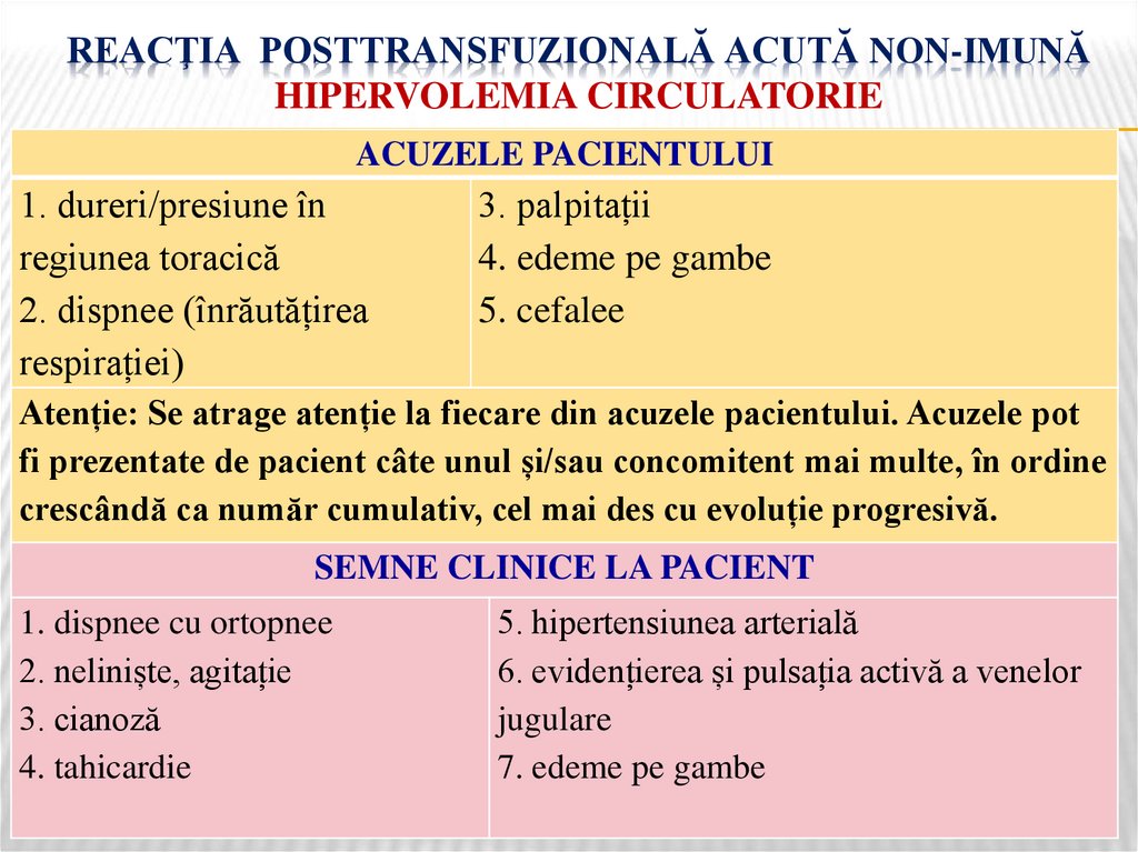 Reacţia posttransfuzională acută non-imună HIPERVOLEMIA CIRCULATORIE