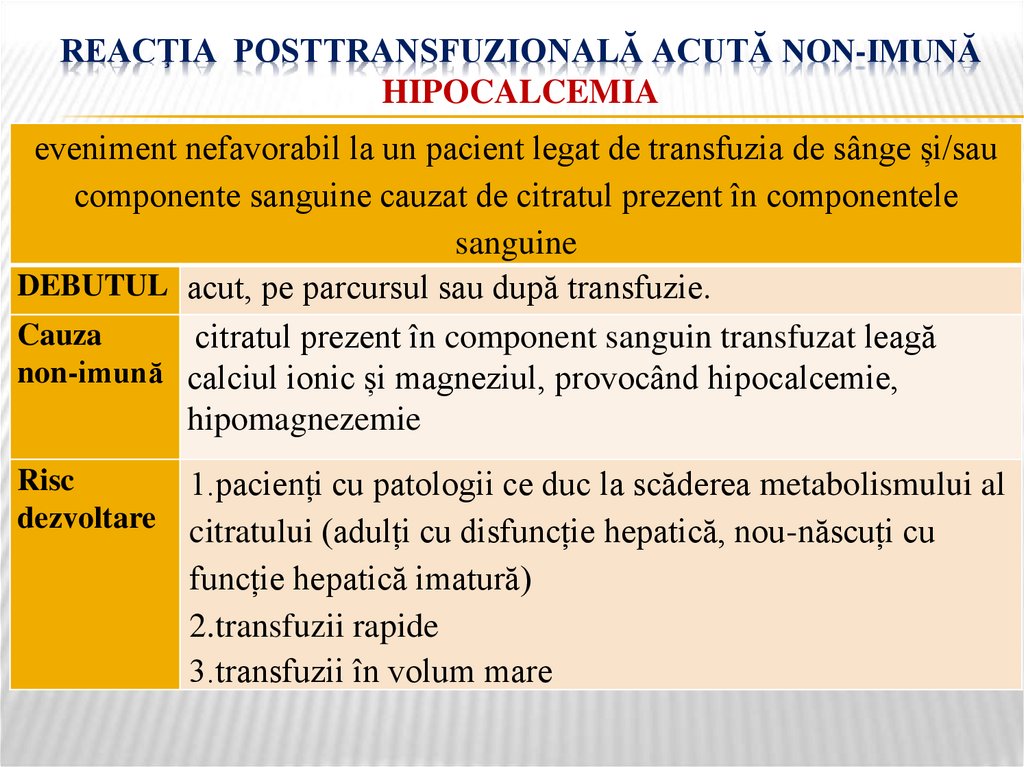 Reacţia posttransfuzională acută non-imună hipocalcemia