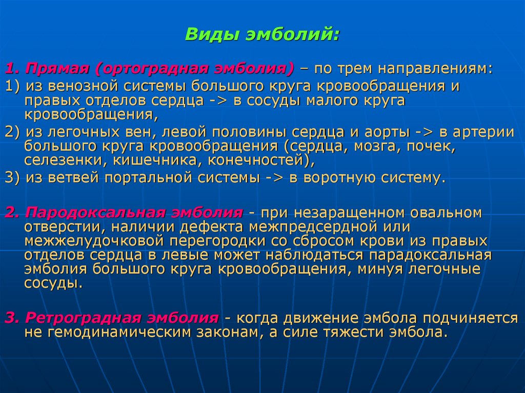 Виды эмболий: