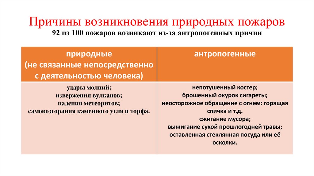 Причины возникновения природных пожаров 92 из 100 пожаров возникают из-за антропогенных причин