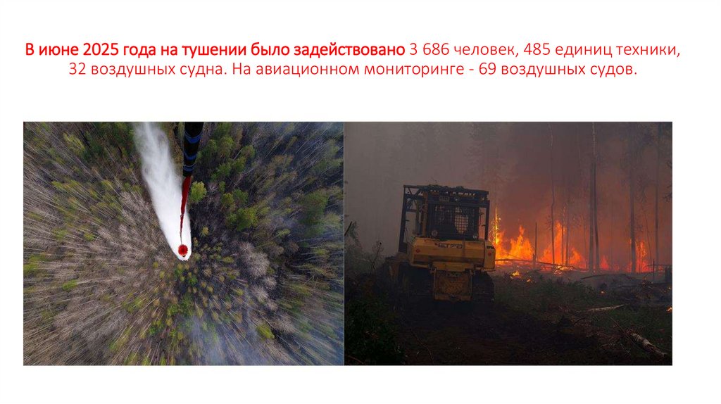 В июне 2025 года на тушении было задействовано 3 686 человек, 485 единиц техники, 32 воздушных судна. На авиационном