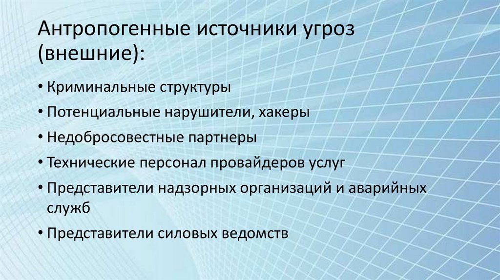 Антропогенные источники угроз (внешние):