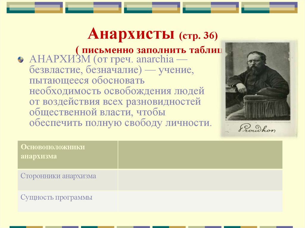 Анархисты (стр. 36) ( письменно заполнить таблицу)