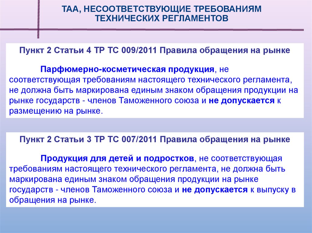 ТАА, несоответствующие требованиям Технических регламентов