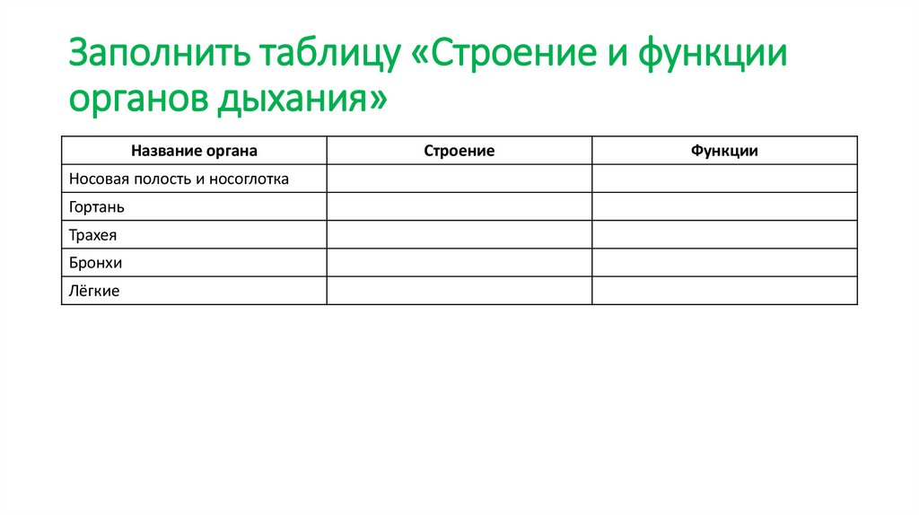 Заполнить таблицу «Строение и функции органов дыхания»