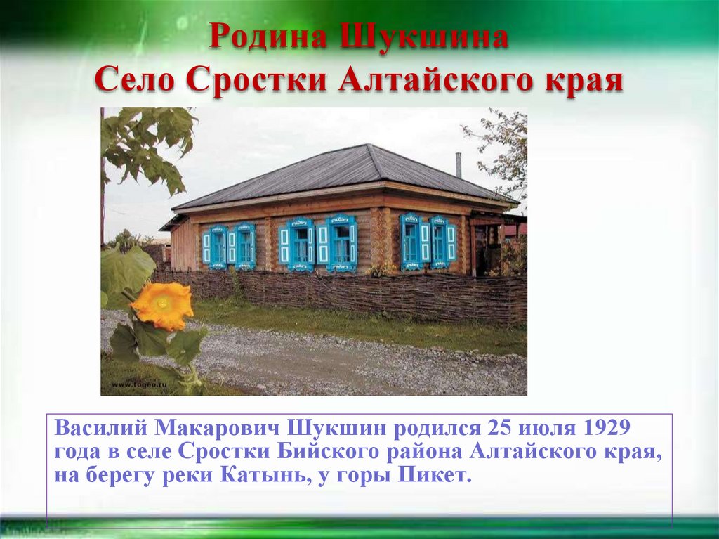 Родина Шукшина Село Сростки Алтайского края