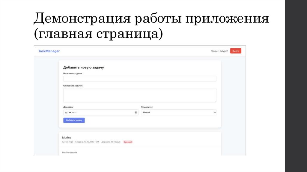 Демонстрация работы приложения (главная страница)