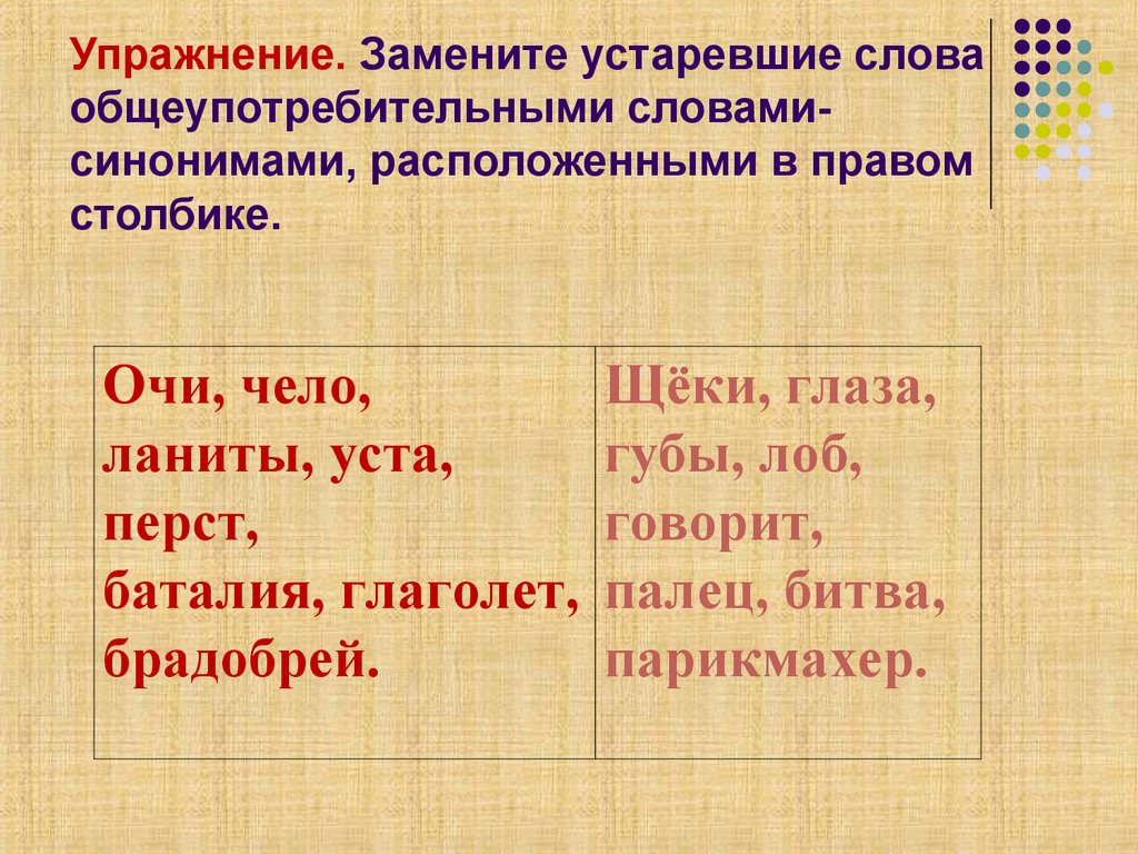 Упражнение. Замените устаревшие слова общеупотребительными словами-синонимами, расположенными в правом столбике.