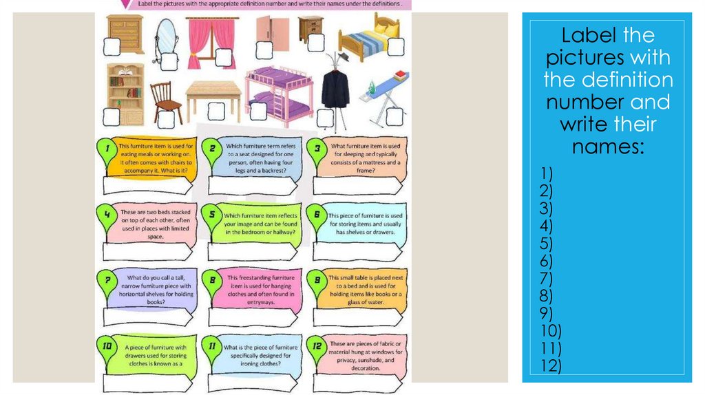 Label the pictures with the definition number and write their names: