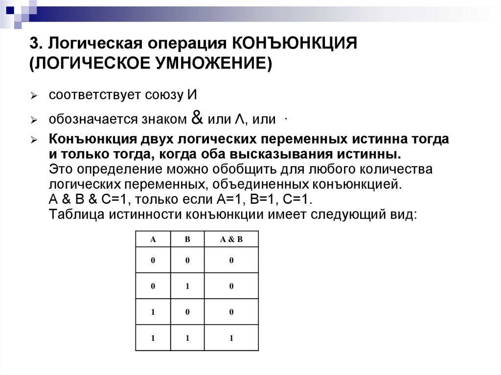 3. Логическая операция КОНЪЮНКЦИЯ (ЛОГИЧЕСКОЕ УМНОЖЕНИЕ)