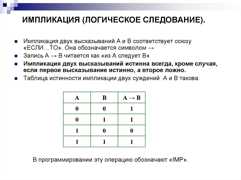 ИМПЛИКАЦИЯ (ЛОГИЧЕСКОЕ СЛЕДОВАНИЕ).
