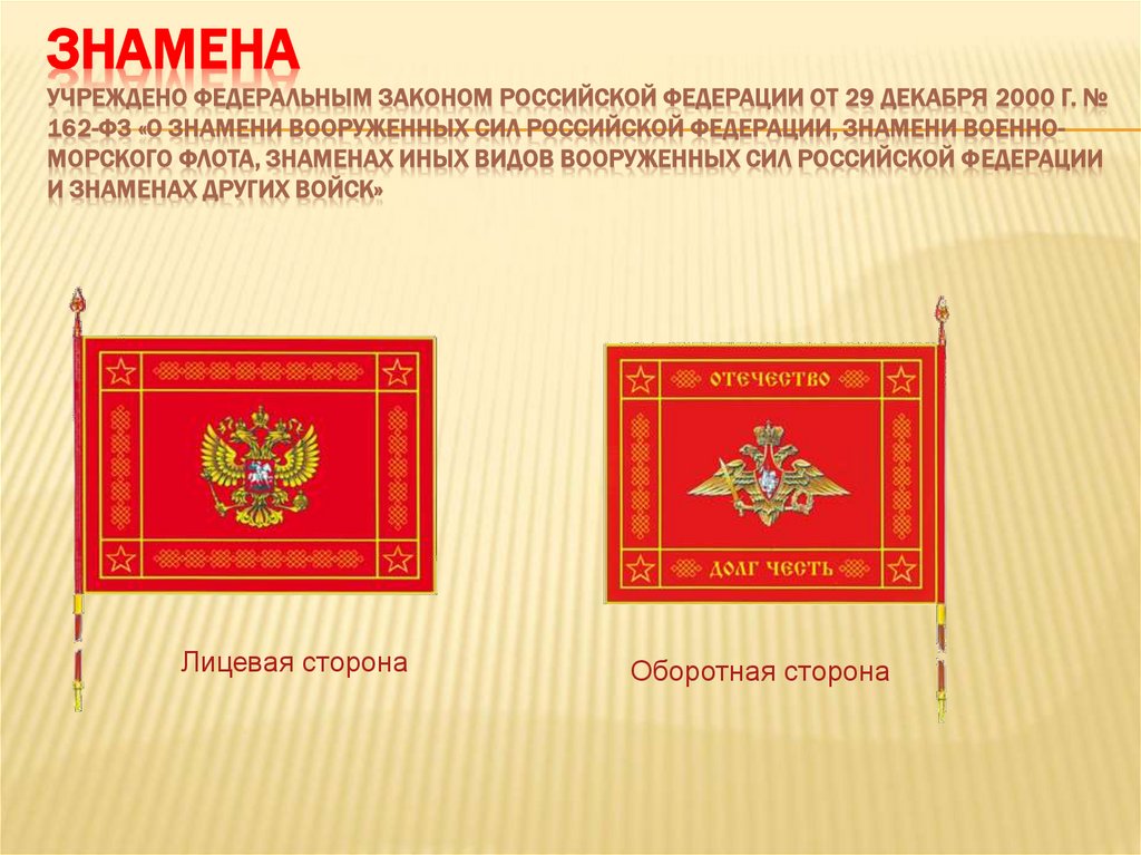 Знамена Учреждено Федеральным законом Российской Федерации от 29 декабря 2000 г. № 162-Ф3 «О знамени Вооруженных Сил Российской