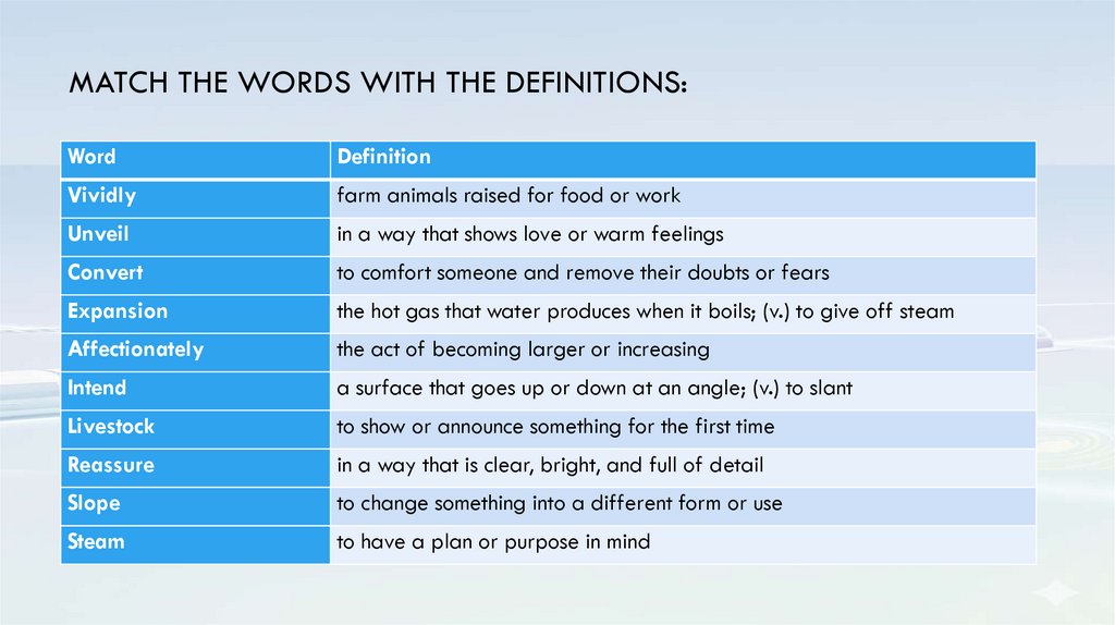 Match the words with the definitions: