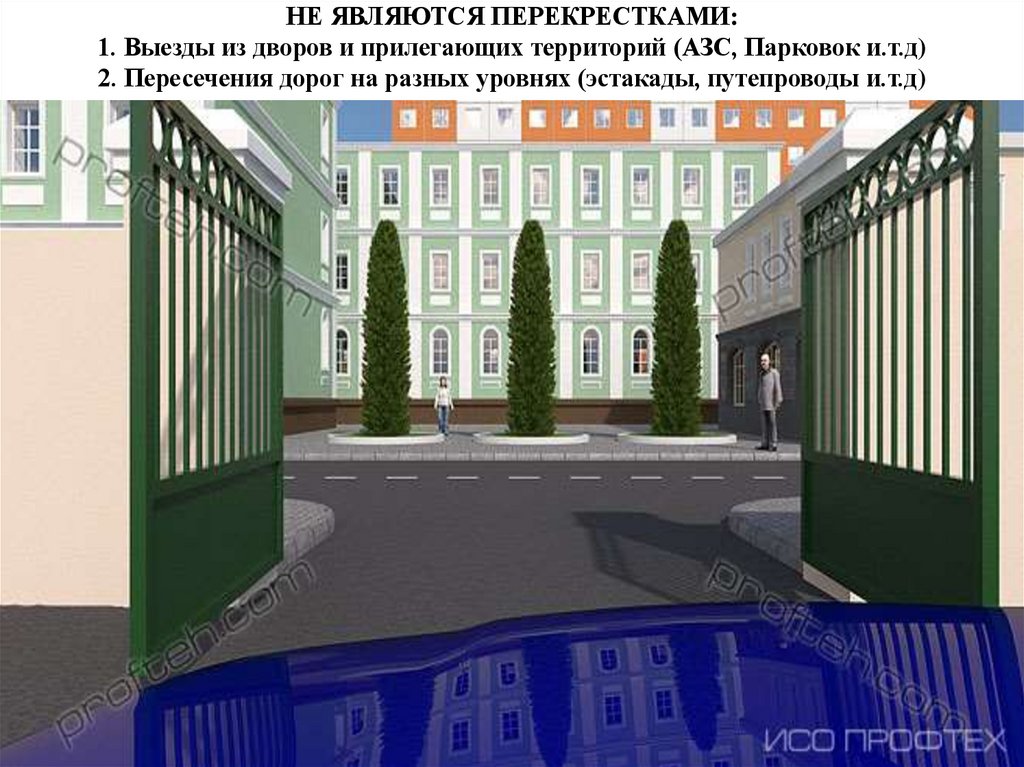НЕ ЯВЛЯЮТСЯ ПЕРЕКРЕСТКАМИ: 1. Выезды из дворов и прилегающих территорий (АЗС, Парковок и.т.д) 2. Пересечения дорог на разных
