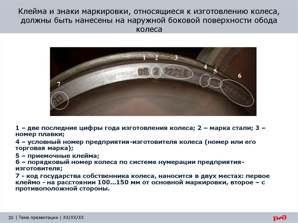 Клейма и знаки маркировки, относящиеся к изготовлению колеса, должны быть нанесены на наружной боковой поверхности обода колеса
