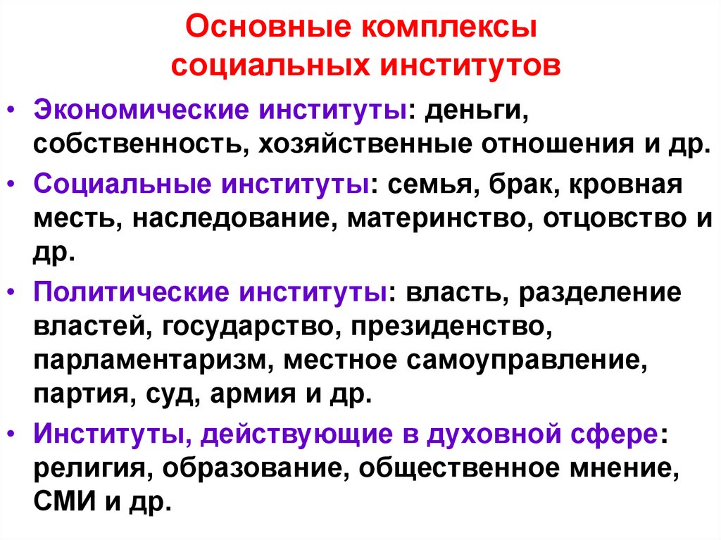 Основные комплексы социальных институтов