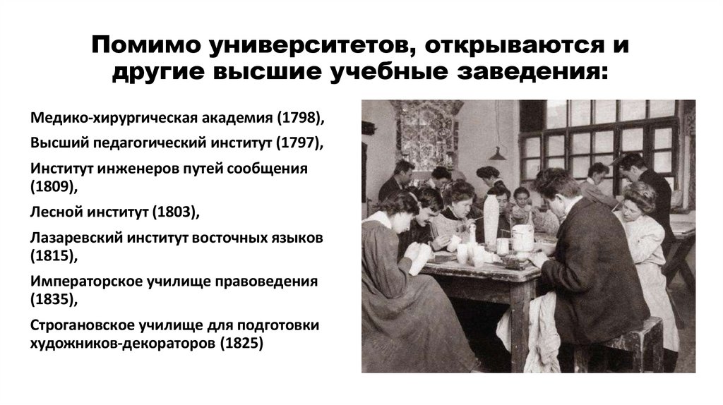 Помимо университетов, открываются и другие высшие учебные заведения: