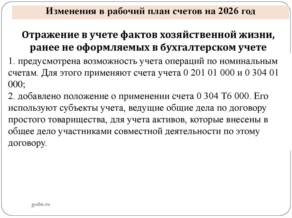 Изменения в рабочий план счетов на 2026 год