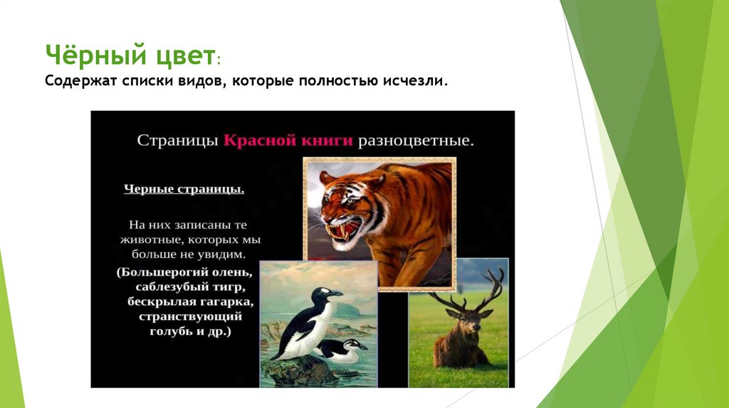 Чёрный цвет: Содержат списки видов, которые полностью исчезли. 
