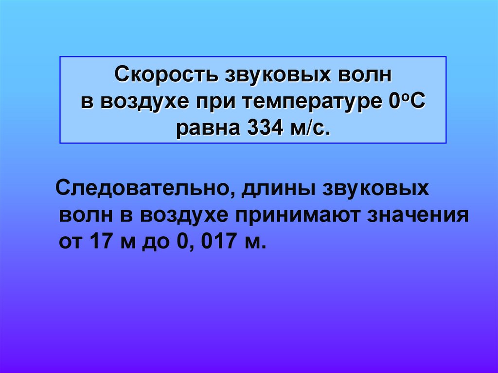 Скорость звуковых волн в воздухе при температуре 0оС равна 334 м/с.