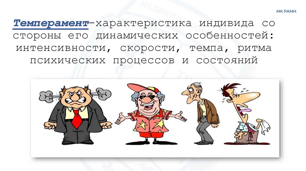 Темперамент-характеристика индивида со стороны его динамических особенностей: интенсивности, скорости, темпа, ритма психических